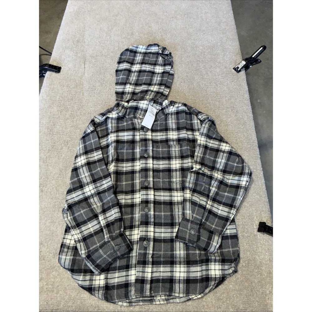 NWT Organic Cotton Hooded Flannel Shirt Black Plaid Size XS (4-5)